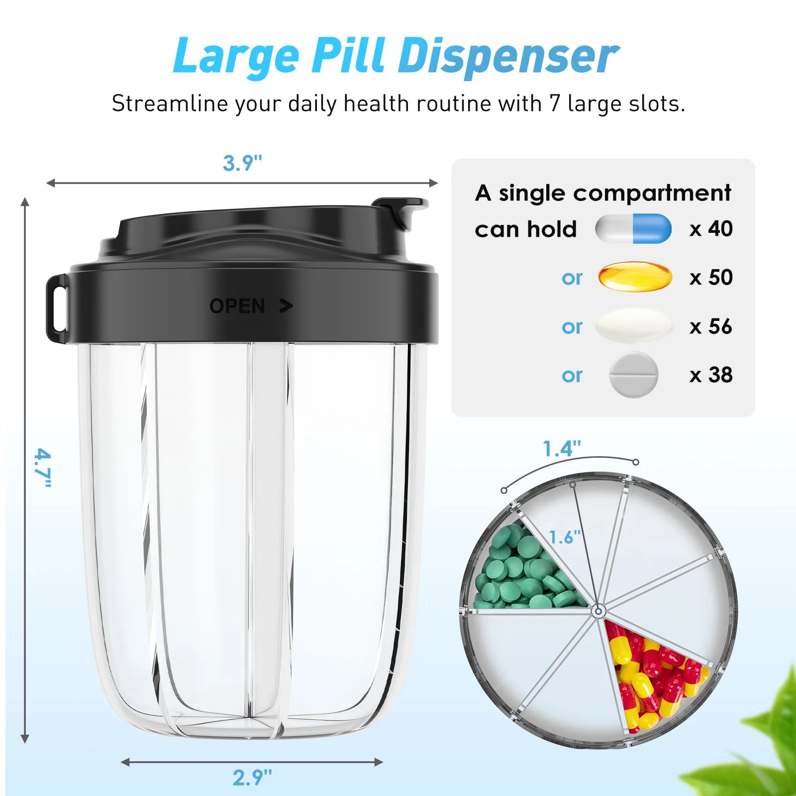 7 Grids Large Pill Cup Bottle Organizer Supplement Organizer 