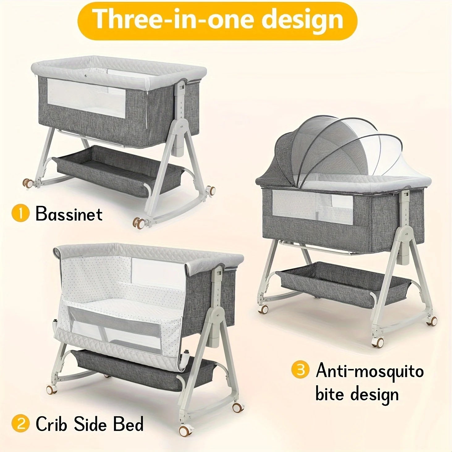 3-in-1 Baby Bassinet with Wheels – Bedside Sleeper & Crib